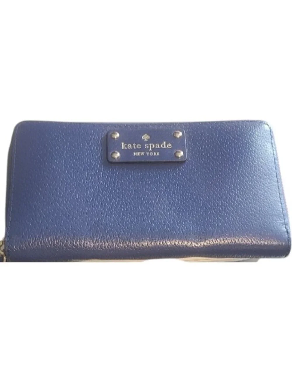 kate spade Blue Pebbled Leather Zip Wallet -callout on spine